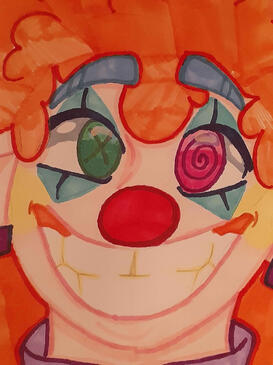Clover Illustration of a smiling clown with orange hair and green/pink heterochromia